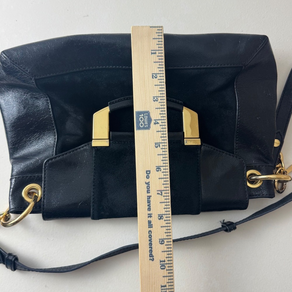 Milly Black Leather and Suede Shoulder Bag Gold Hardware Logo Charm - Picture 10 of 10